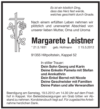 Traueranzeige von Margarete Leistner von Pegnitz-Zeitung